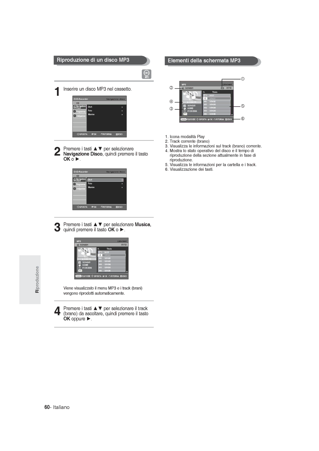 Samsung DVD-R128/XET manual Riproduzione di un disco MP3, Elementi della schermata MP3, Inserire un disco MP3 nel cassetto 