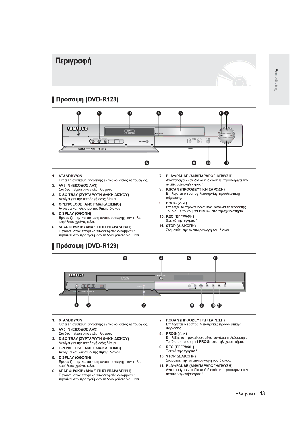 Samsung DVD-R128/EUR, DVD-R129/EUR, DVD-R130/EUR manual Περιγραφή, Πρόσοψη DVD-R128, Πρόσοψη DVD-R129 