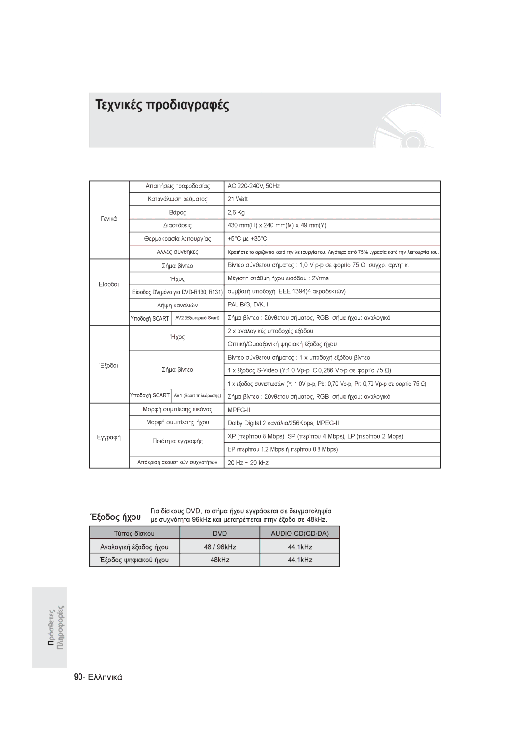 Samsung DVD-R129/EUR, DVD-R128/EUR, DVD-R130/EUR manual Τεχνικές προδιαγραφές, Έξοδος ήχου, 90- Ελληνικά 