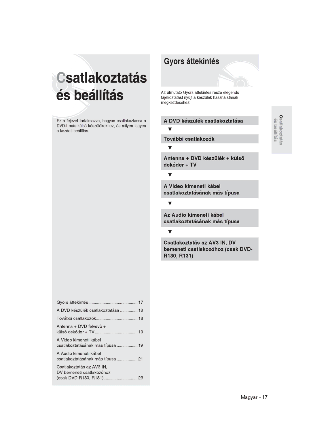 Samsung DVD-R129/XEH manual Gyors áttekintés, DVD készülék csatlakoztatása, R130, R131, Bemeneti csatlakozóhoz csak DVD 