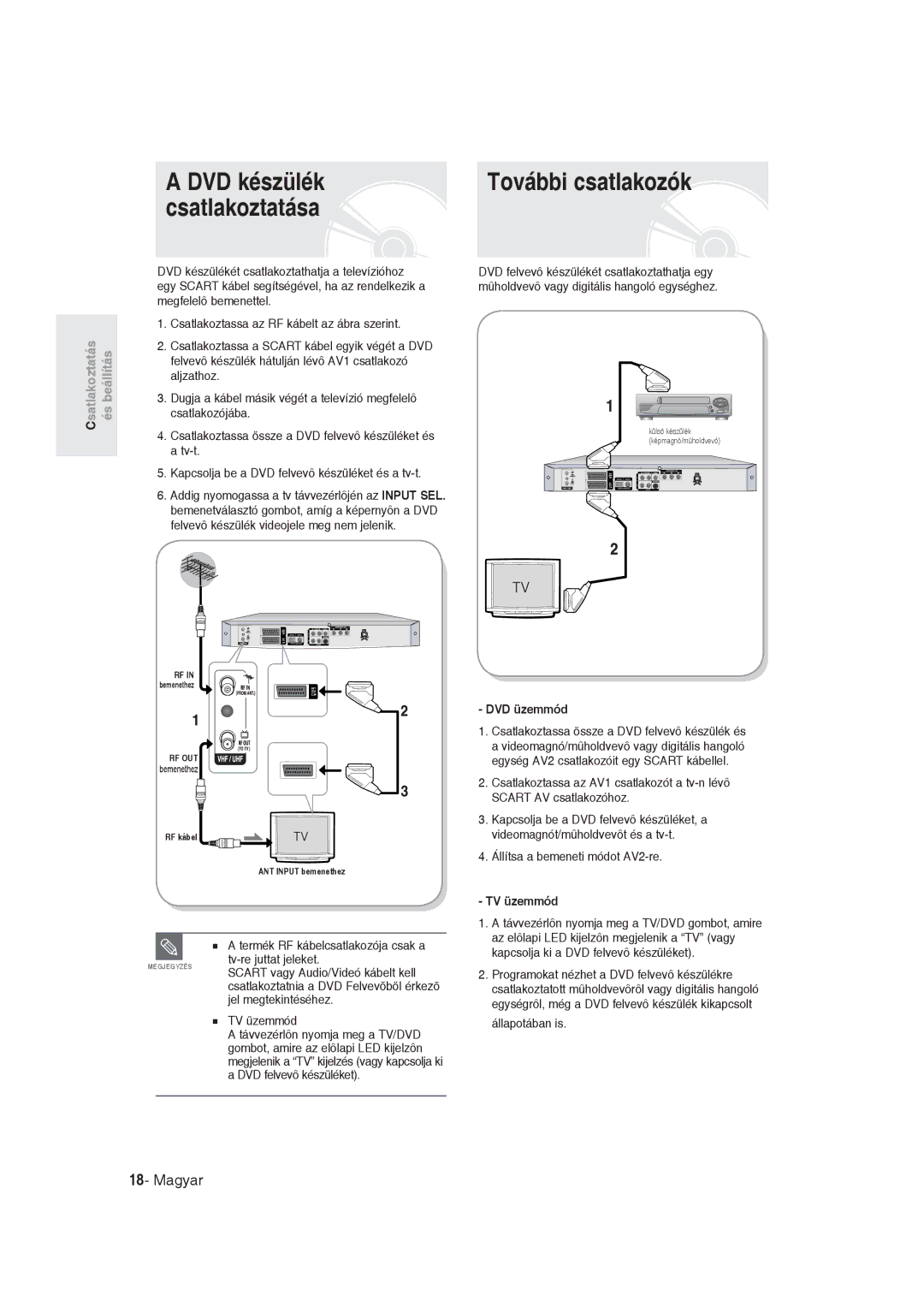 Samsung DVD-R129/EUR, DVD-R129/XEH manual További csatlakozók, DVD készülék csatlakoztatása, DVD üzemmód, TV üzemmód 