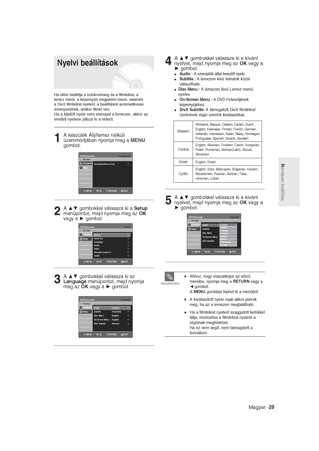 Samsung DVD-R129/XEH, DVD-R129/EUR manual Nyelvi beállítások, Gombot, On-Screen Menu a DVD Felvevõjének képernyõjéhez 