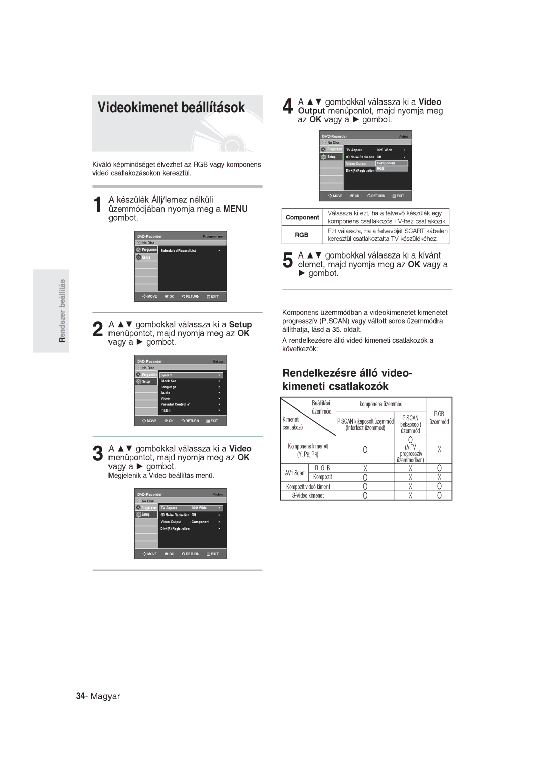 Samsung DVD-R129/EUR, DVD-R129/XEH manual Videokimenet beállítások, Rendelkezésre álló video Kimeneti csatlakozók 