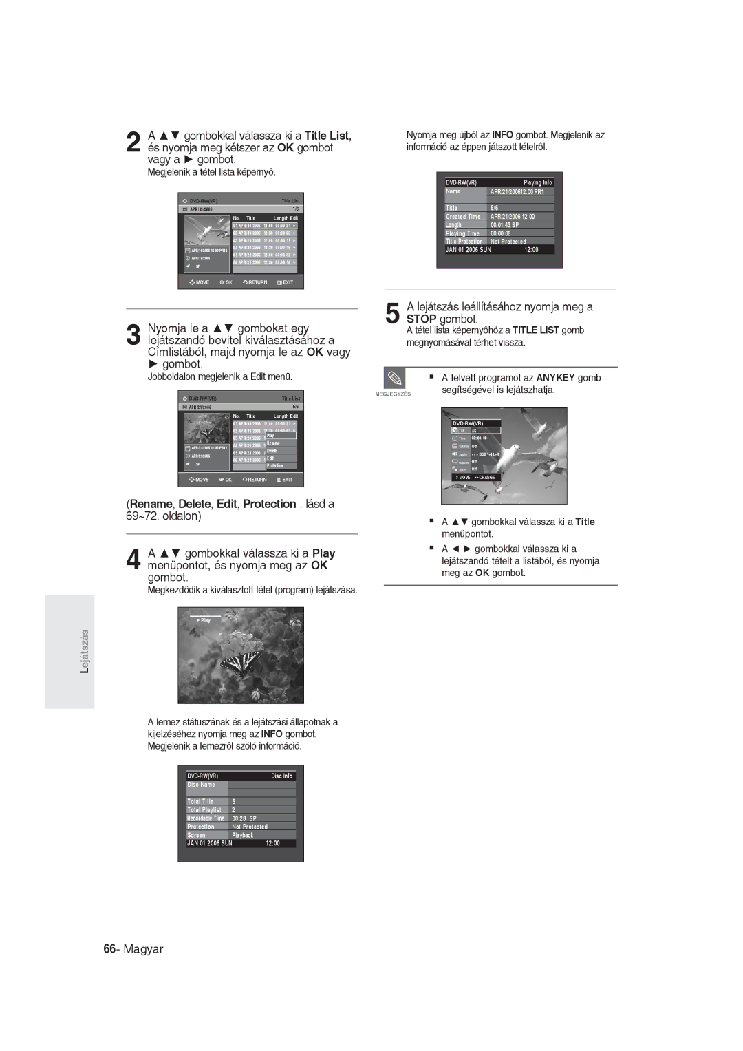 Samsung DVD-R129/EUR manual Rename, Delete, Edit, Protection lásd a 69~72. oldalon, Megjelenik a tétel lista képernyô 