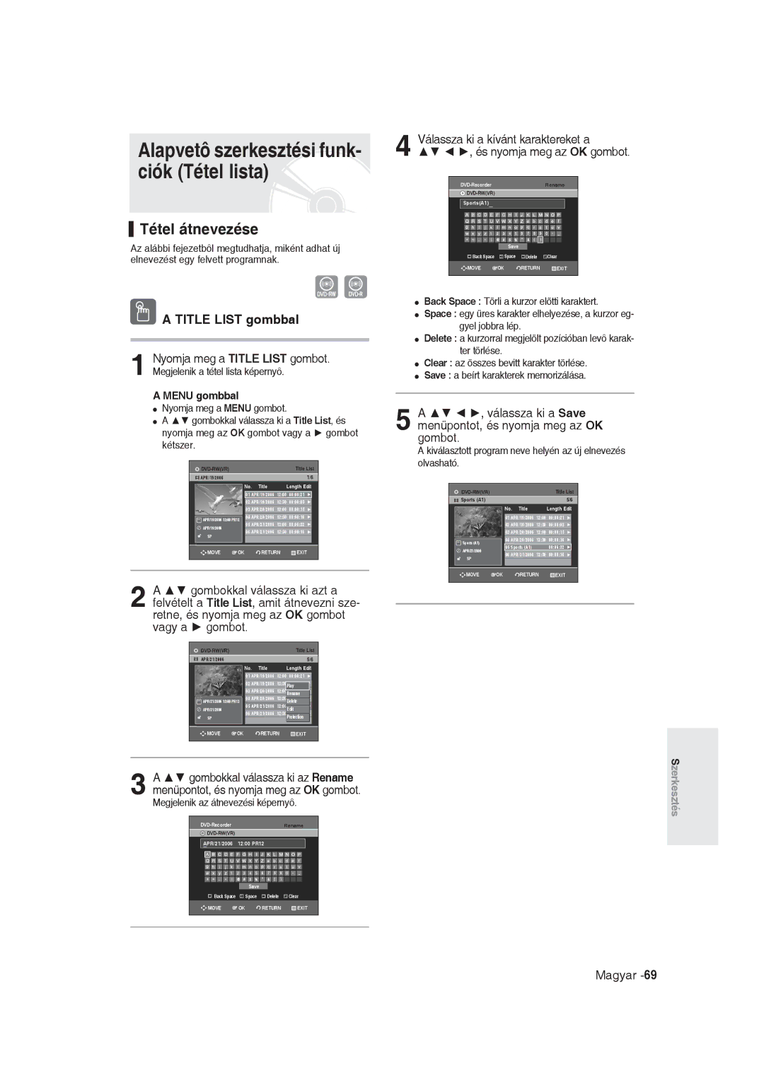 Samsung DVD-R129/XEH, DVD-R129/EUR manual Alapvetô szerkesztési funk- ciók Tétel lista, Tétel átnevezése, Menu gombbal 