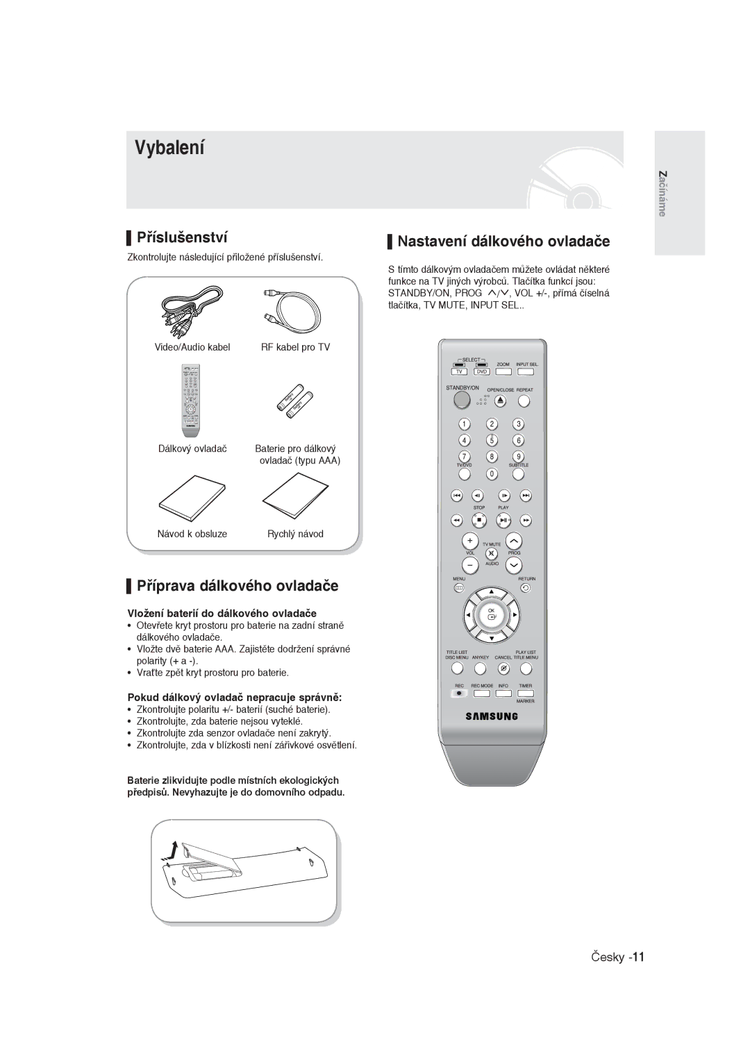 Samsung DVD-R129/XEH, DVD-R129/EUR manual Vybalení, Příslušenství, Příprava dálkového ovladače, Nastavení dálkového ovladače 