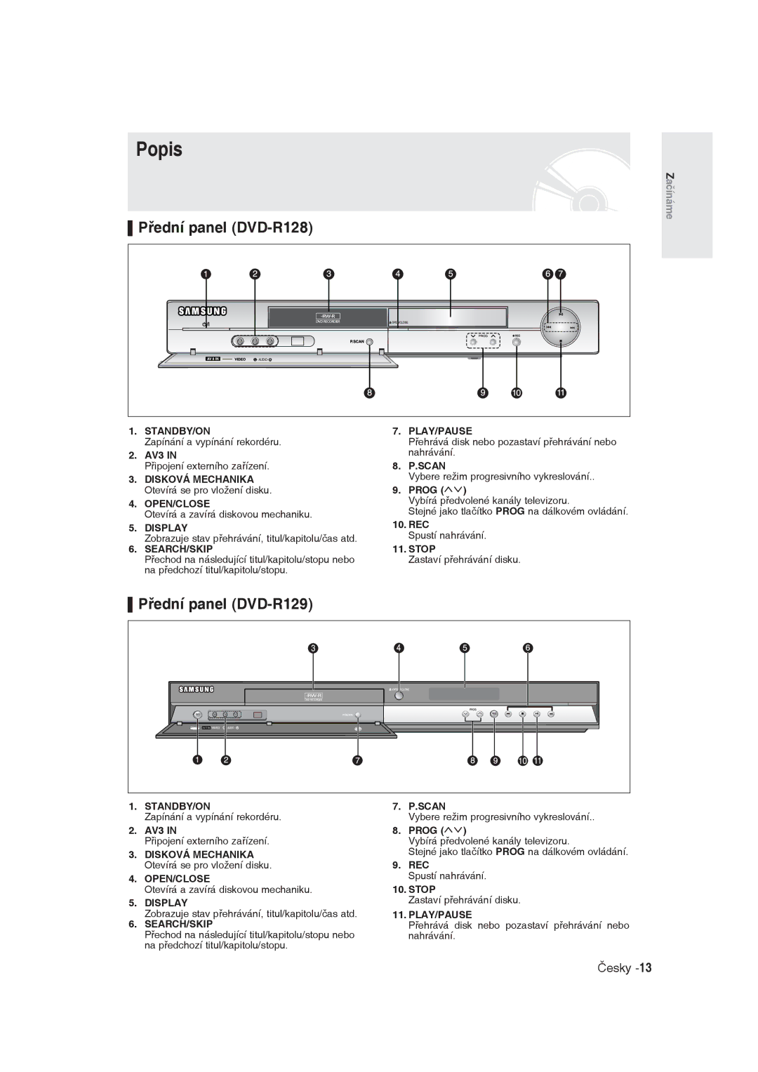 Samsung DVD-R129/XEH, DVD-R129/EUR manual Popis, Přední panel DVD-R128, Disková Mechanika Otevírá se pro vložení disku 