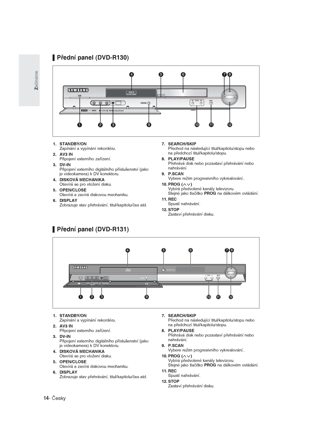 Samsung DVD-R129/EUR, DVD-R129/XEH manual Přední panel DVD-R130, Přední panel DVD-R131, 14- Česky 