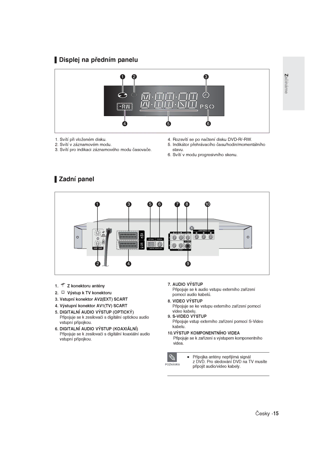 Samsung DVD-R129/XEH, DVD-R129/EUR manual Displej na předním panelu, Zadní panel 