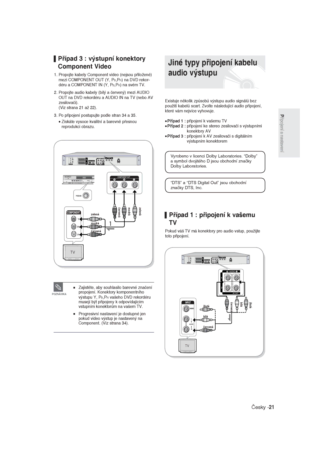 Samsung DVD-R129/XEH manual Případ 3 výstupní konektory Component Video, Případ 1 připojení k vašemu, Toto připojení 