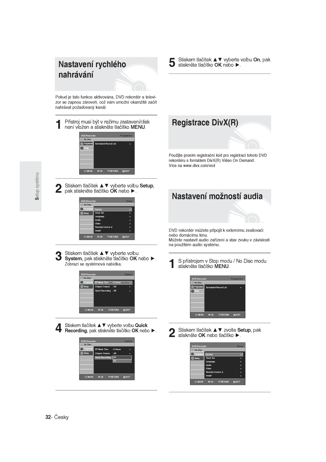 Samsung DVD-R129/EUR, DVD-R129/XEH Registrace DivXR, Nastavení možností audia, Nastavení rychlého nahrávání, 32- Česky 