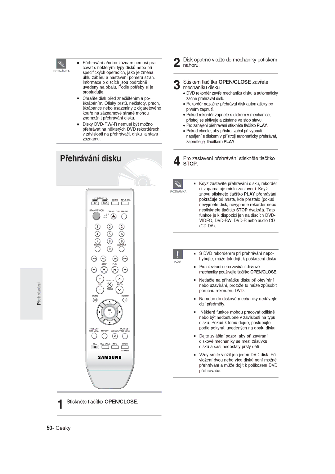 Samsung DVD-R129/EUR, DVD-R129/XEH manual Přehrávání disku, Stop, Stiskněte tlačítko OPEN/CLOSE, 50- Česky 