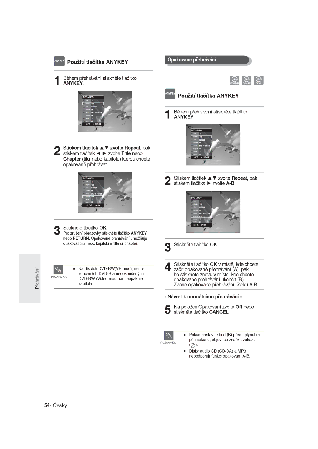 Samsung DVD-R129/EUR manual Použití tlačítka Anykey, Stiskem tlačítka zvolte A-B, Návrat k normálnímu přehrávání, 54- Česky 