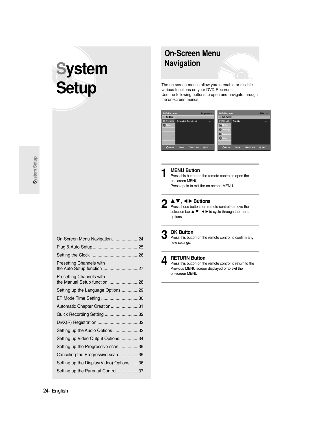 Samsung DVD-R129/EUR, DVD-R129/XEH manual System Setup, On-Screen Menu Navigation 