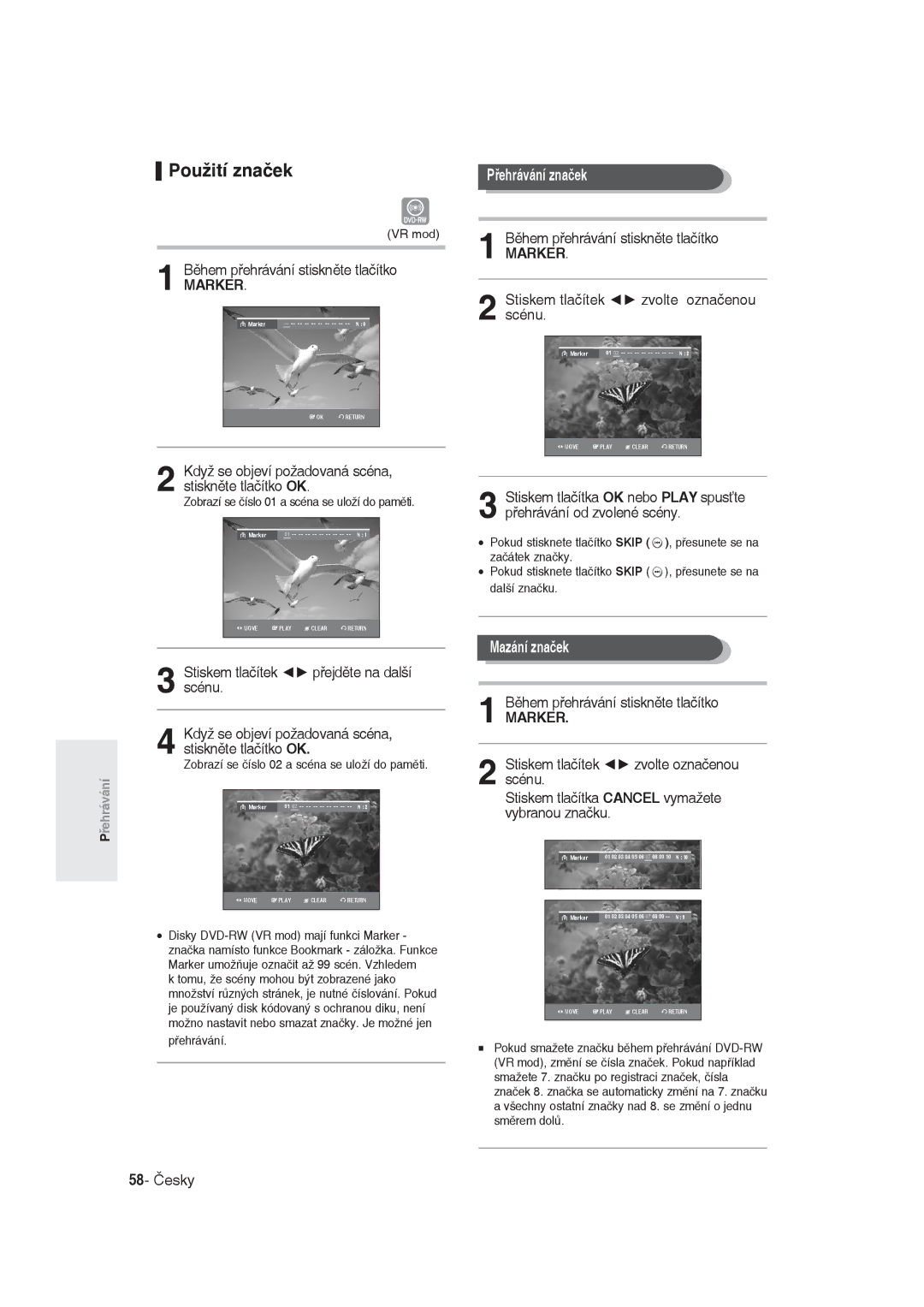 Samsung DVD-R129/EUR Použití značek, Přehrávání značek, Mazání značek, Stiskem tlačítek zvolte označenou scénu, 58- Česky 