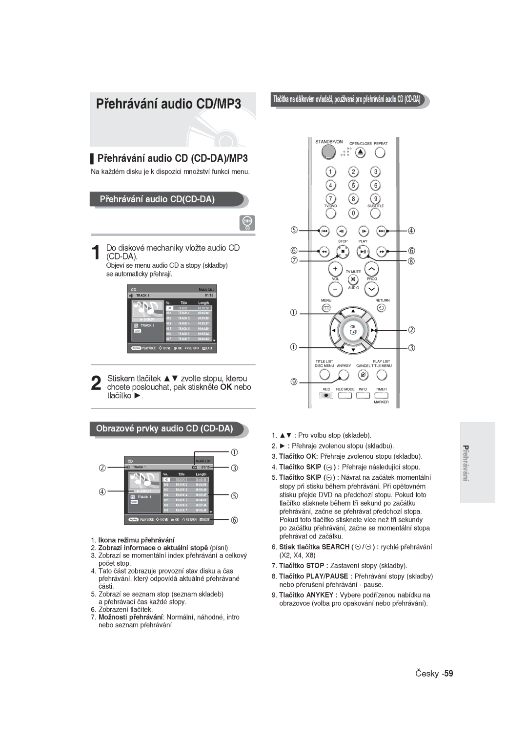 Samsung DVD-R129/XEH, DVD-R129/EUR manual Přehrávání audio CD/MP3, Přehrávání audio CD CD-DA/MP3, Přehrávání audio CDCD-DA 