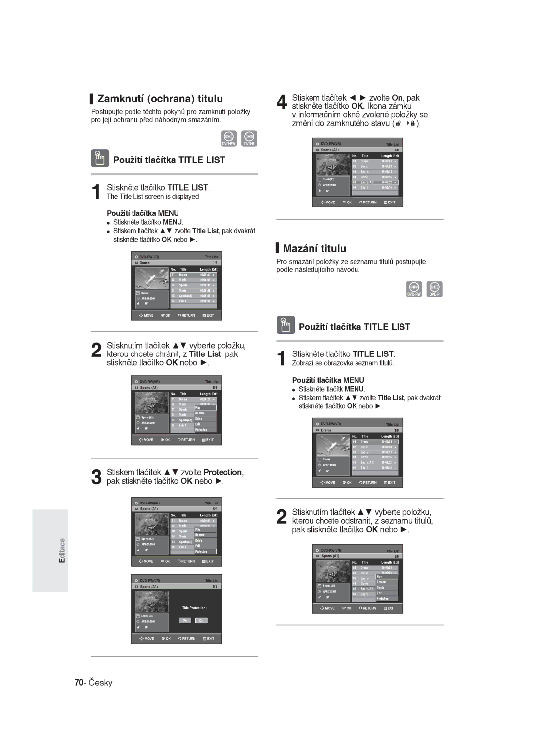 Samsung DVD-R129/EUR, DVD-R129/XEH manual Zamknutí ochrana titulu, Mazání titulu, Změní do zamknutého stavu, 70- Česky 