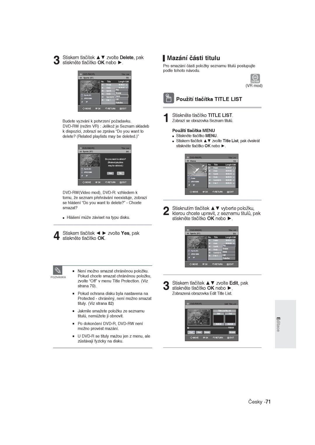 Samsung DVD-R129/XEH manual Mazání části titulu, Není možno smazat chráněnou položku, Zobrazená obrazovka Edit Title List 