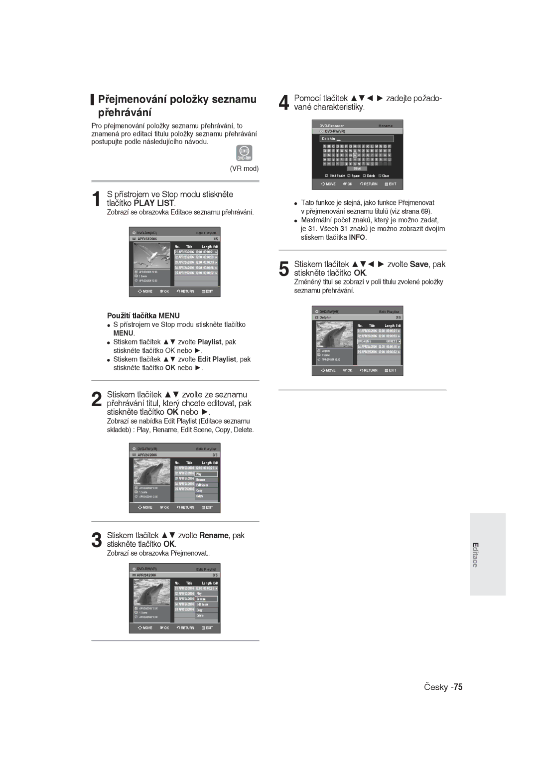 Samsung DVD-R129/XEH manual Přejmenování položky seznamu přehrávání, Pomocí tlačítek zadejte požado- vané charakteristiky 