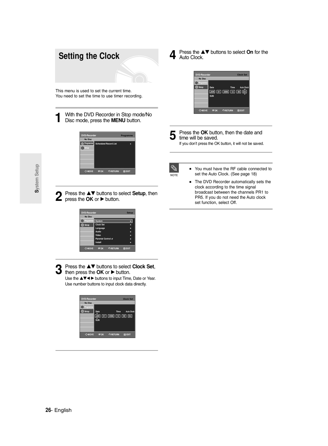 Samsung DVD-R129/EUR Setting the Clock, Press the …† buttons to select On for the Auto Clock, Set the Auto Clock. See 