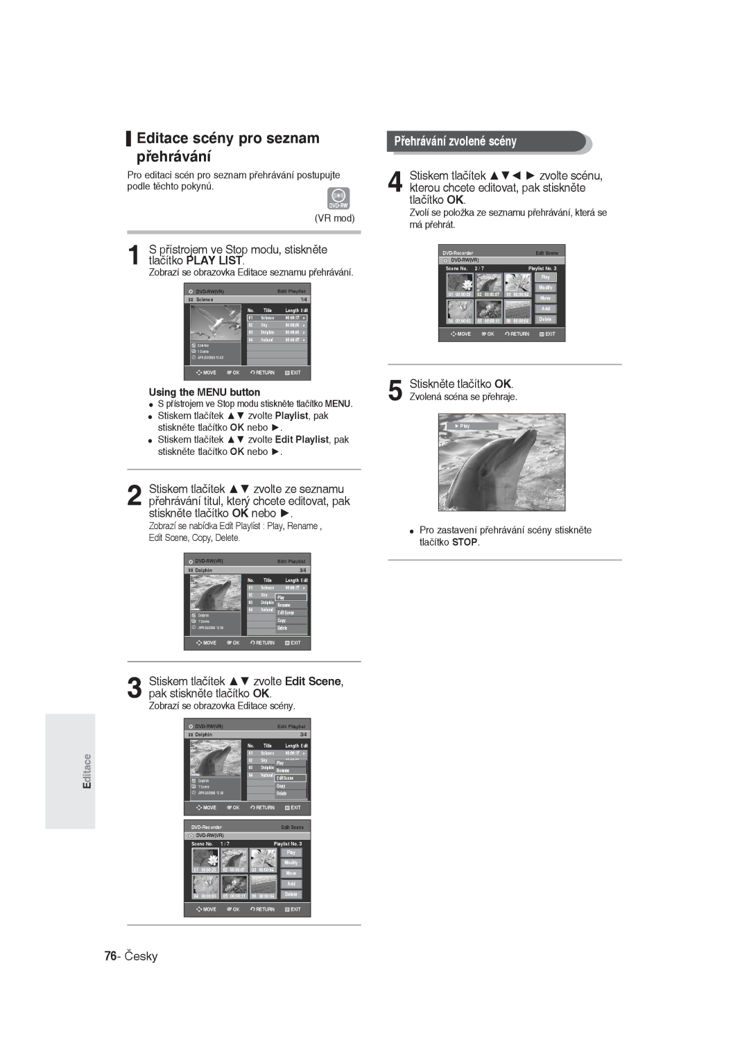 Samsung DVD-R129/EUR manual Editace scény pro seznam přehrávání, Přehrávání zvolené scény, 76- Česky, Using the Menu button 