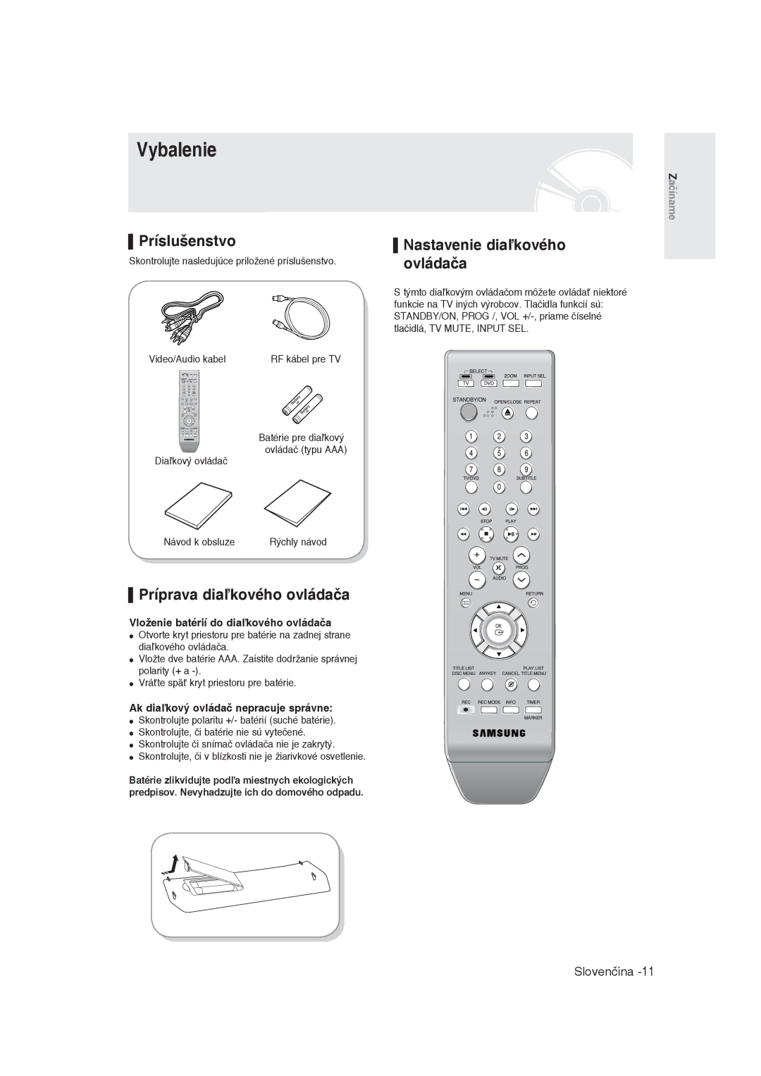 Samsung DVD-R129/XEH, DVD-R129/EUR Vybalenie, Príslušenstvo, Príprava diaľkového ovládača, Nastavenie diaľkového ovládača 