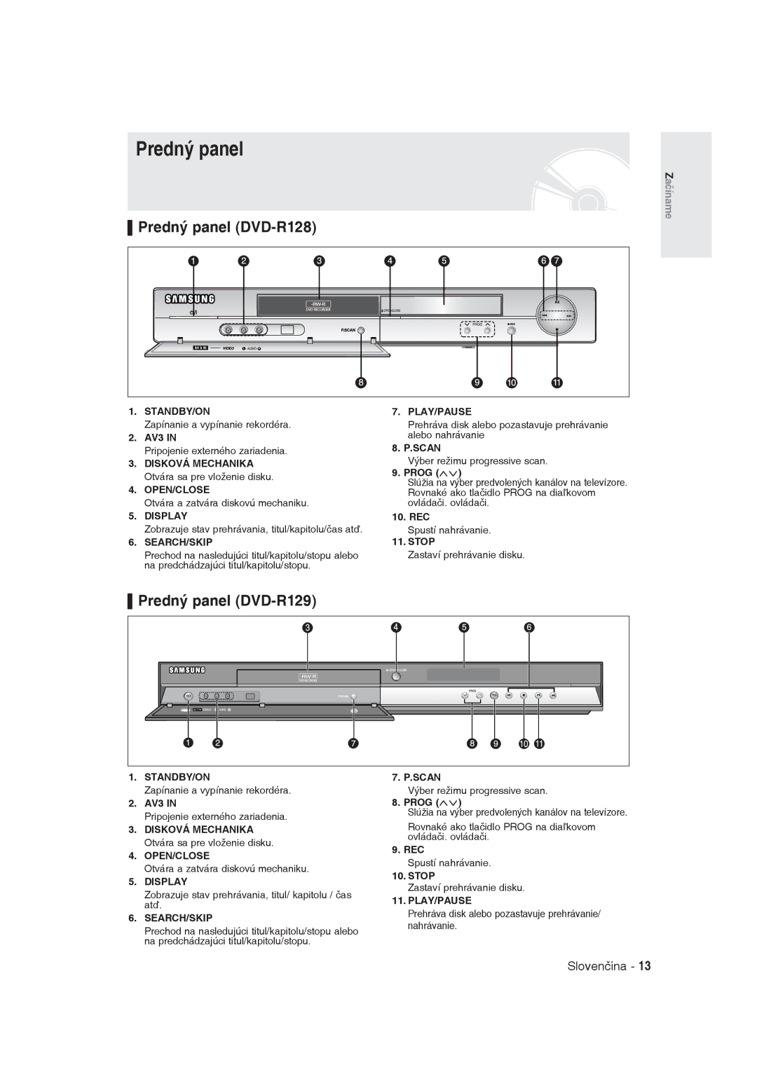 Samsung DVD-R129/XEH, DVD-R129/EUR manual Predný panel DVD-R128, Predný panel DVD-R129 