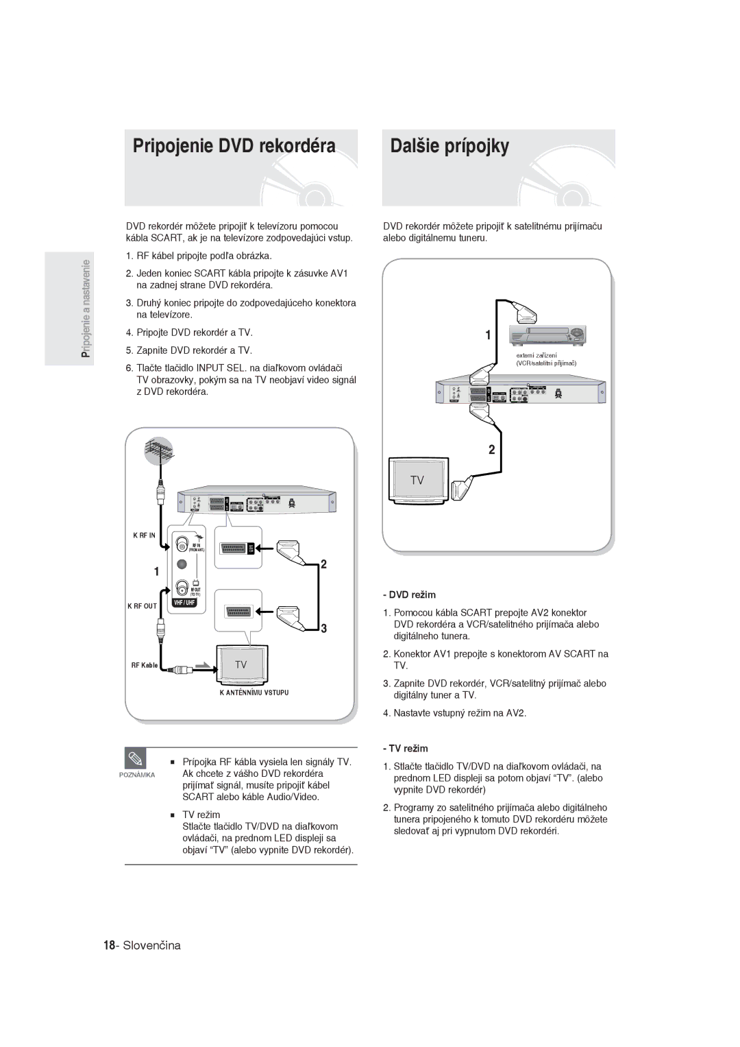 Samsung DVD-R129/EUR, DVD-R129/XEH manual Dalšie prípojky, Prípojka RF kábla vysiela len signály TV, TV režim, DVD režim 