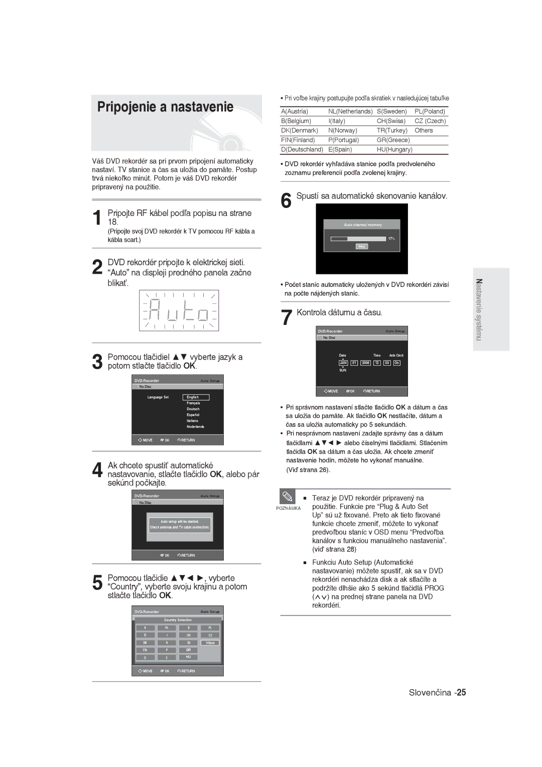 Samsung DVD-R129/XEH manual Pripojenie a nastavenie, Pripojte RF kábel podľa popisu na strane, Kontrola dátumu a času 