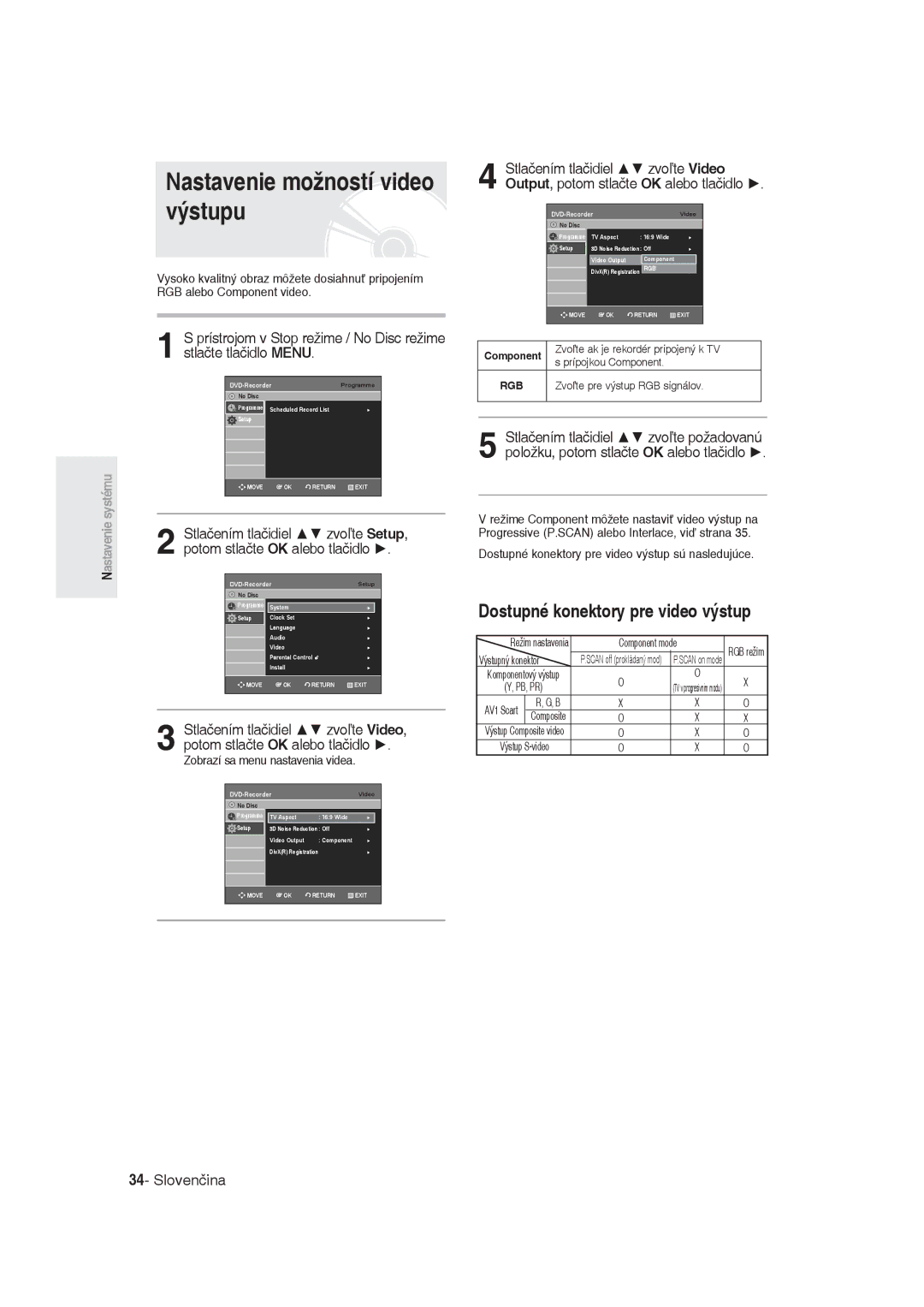 Samsung DVD-R129/EUR, DVD-R129/XEH manual Nastavenie možností video výstupu, Dostupné konektory pre video výstup 