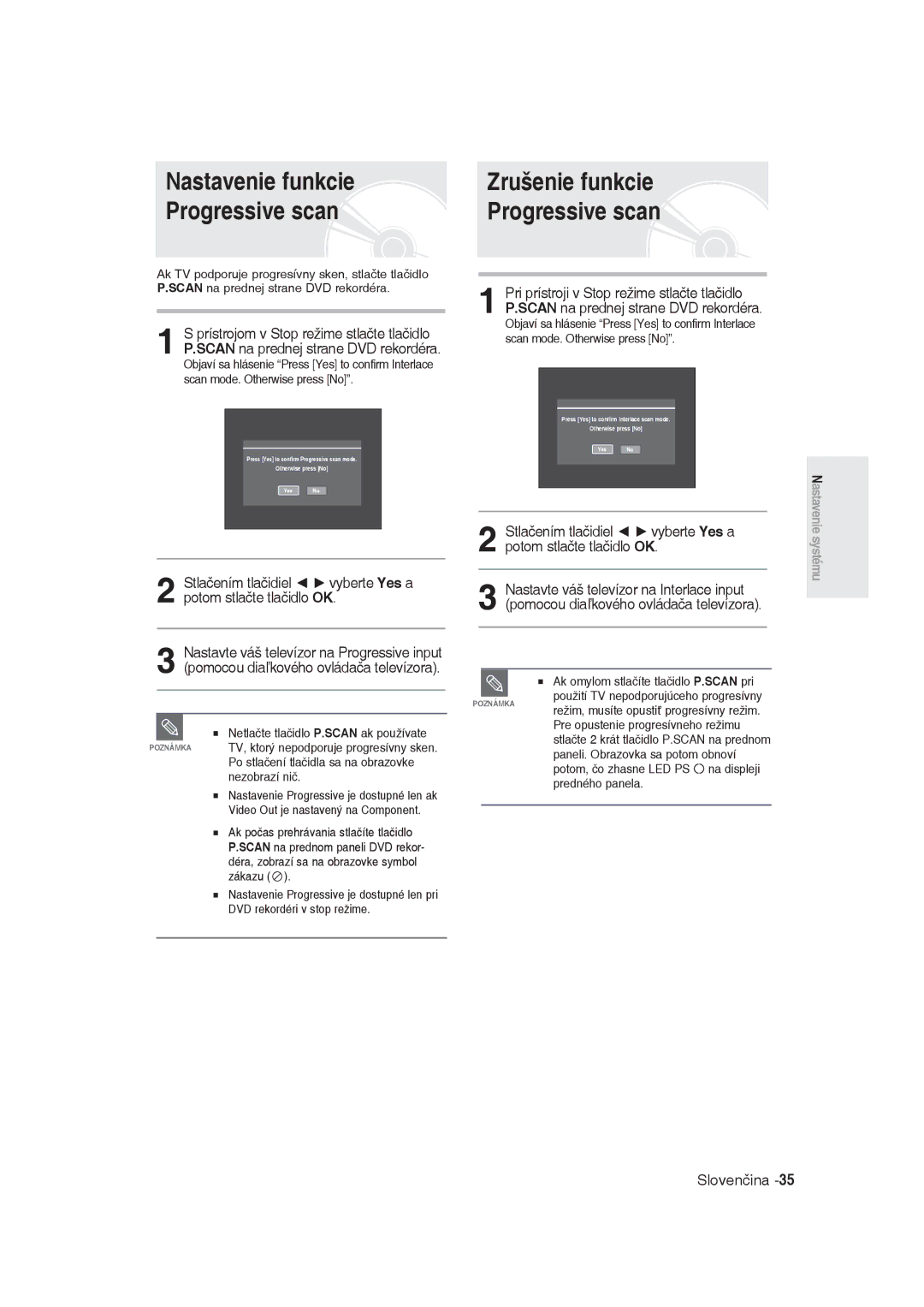 Samsung DVD-R129/XEH, DVD-R129/EUR manual Nastavenie funkcie Progressive scan, Zrušenie funkcie Progressive scan 