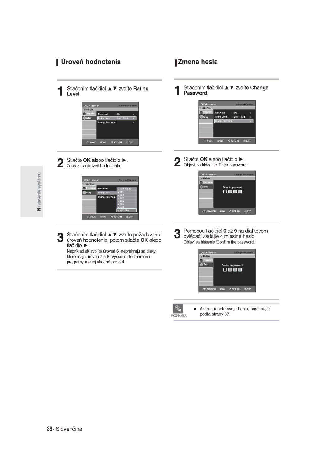 Samsung DVD-R129/EUR, DVD-R129/XEH manual Úroveň hodnotenia, Stlačením tlačidiel zvoľte Rating Level 