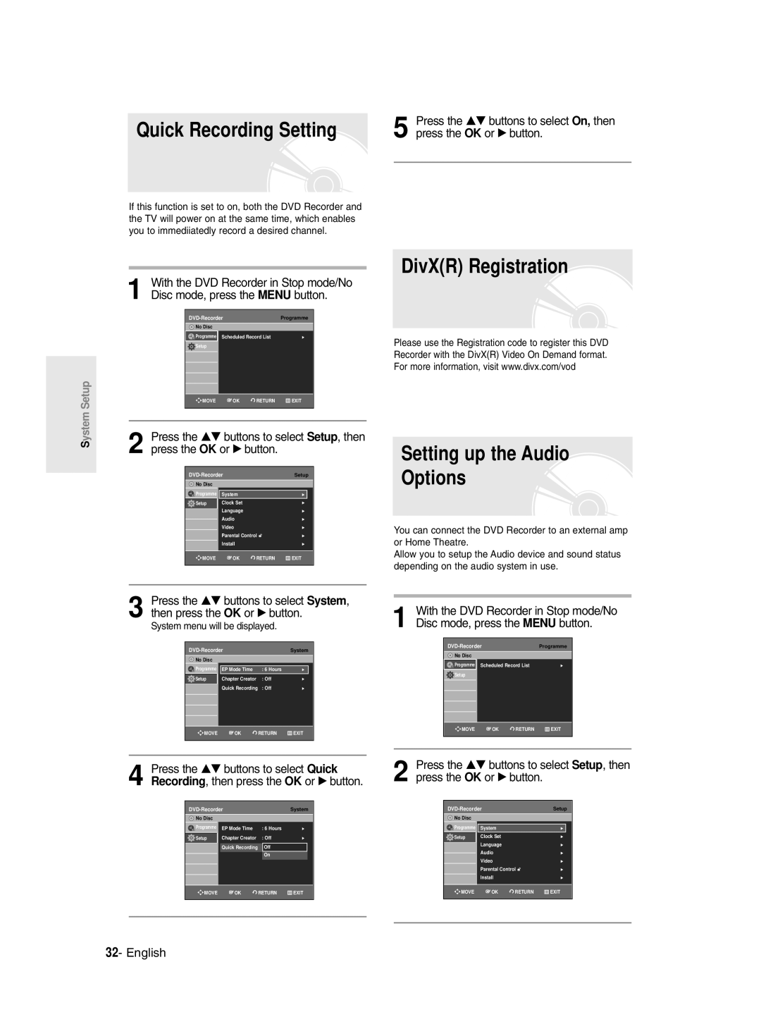 Samsung DVD-R129/EUR, DVD-R129/XEH manual DivXR Registration, Setting up the Audio Options, Press the OK or √ button 