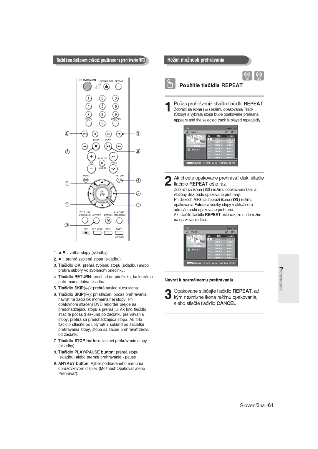 Samsung DVD-R129/XEH, DVD-R129/EUR manual Režim možnosti prehrávania, Použitie tlačidla Repeat 