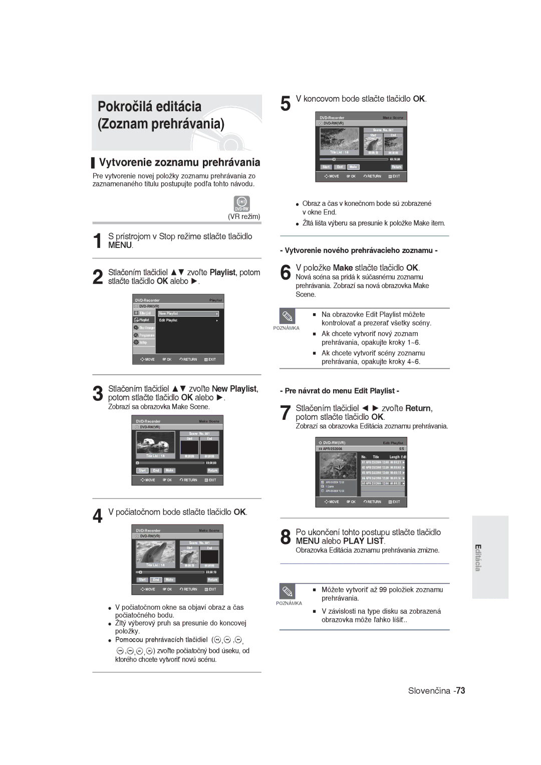 Samsung DVD-R129/XEH, DVD-R129/EUR manual Pokročilá editácia Zoznam prehrávania, Vytvorenie zoznamu prehrávania 