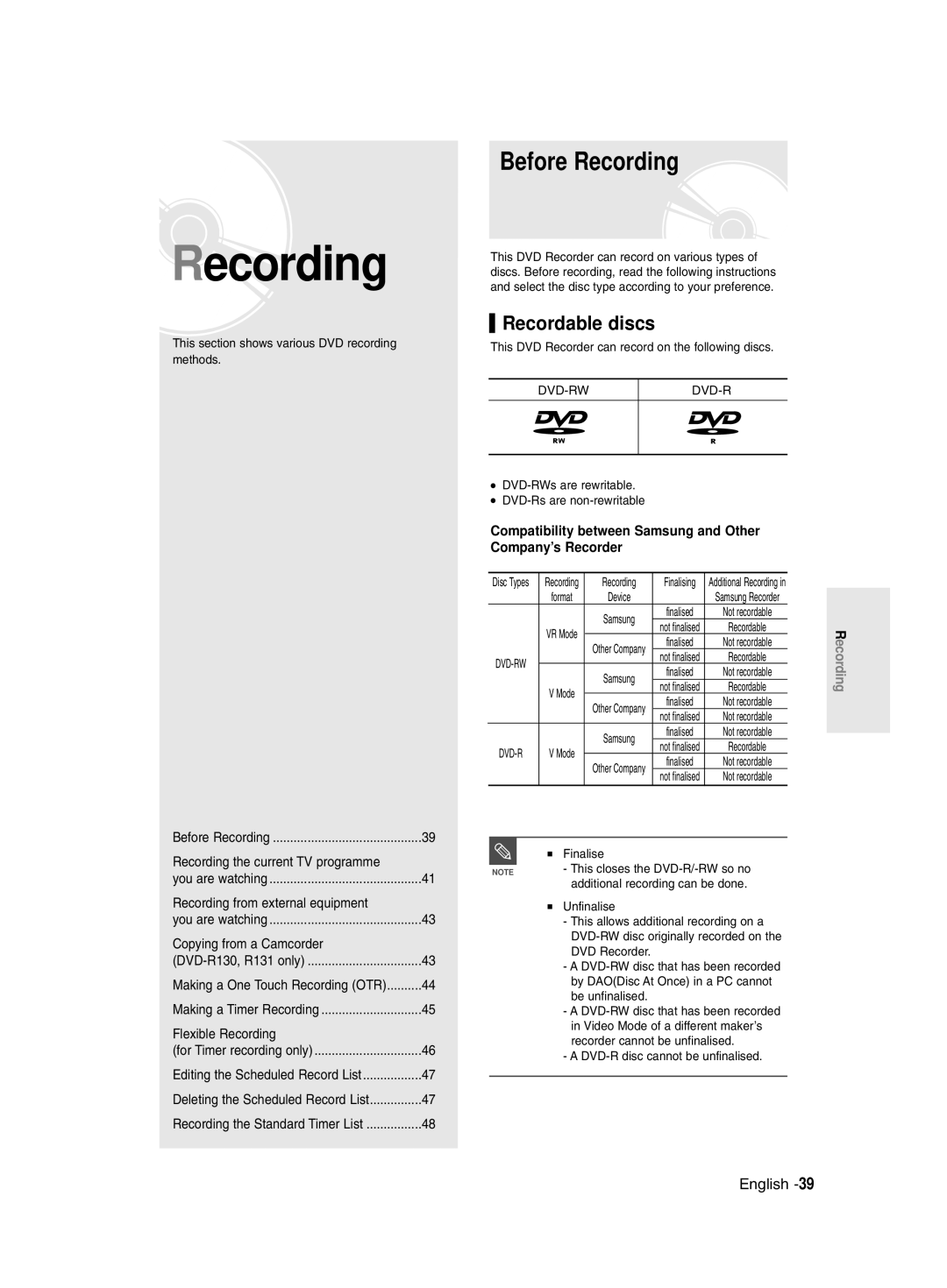 Samsung DVD-R129/XEH, DVD-R129/EUR manual Before Recording, Recordable discs 