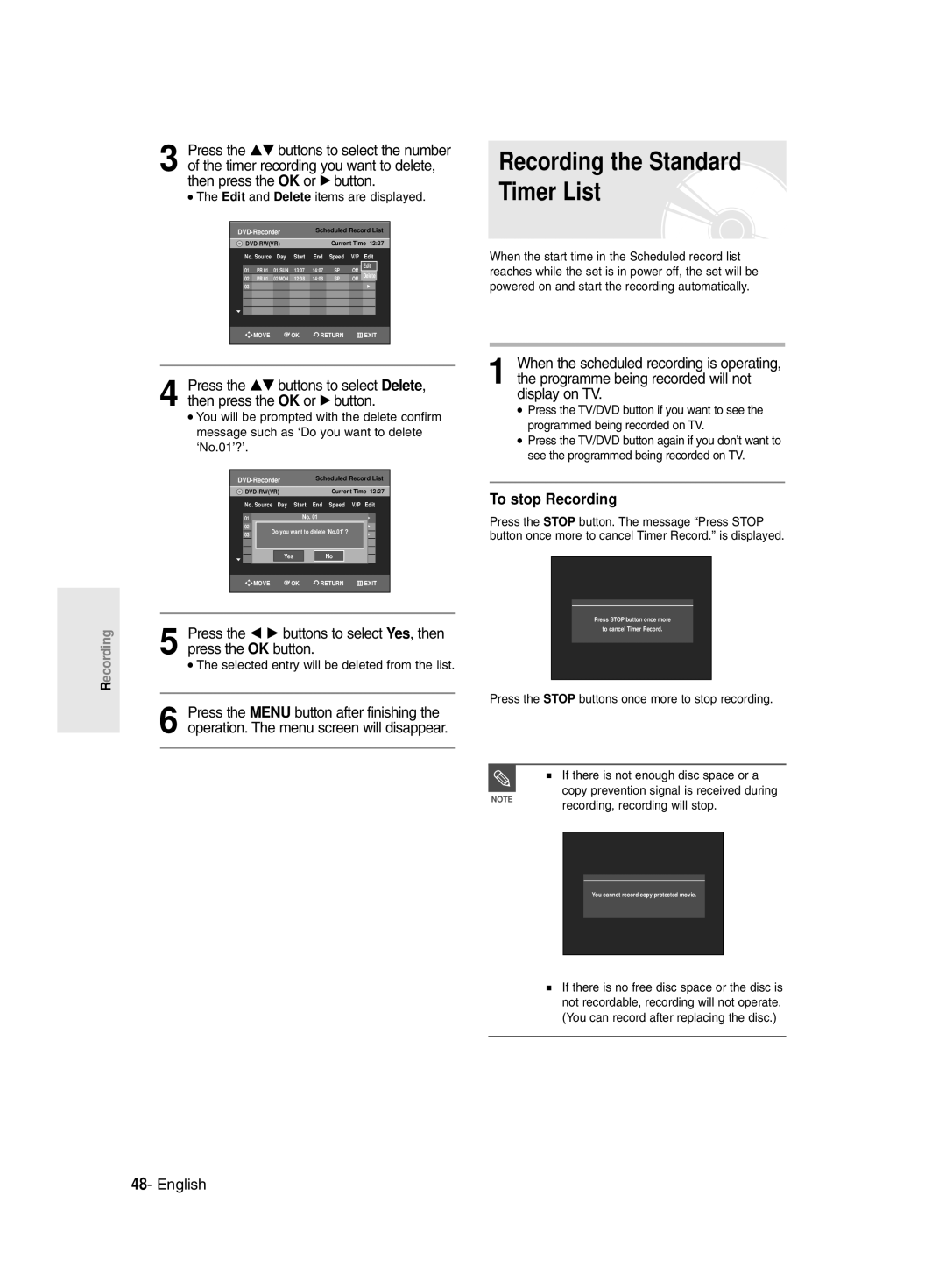 Samsung DVD-R129/EUR, DVD-R129/XEH manual Selected entry will be deleted from the list, Recording, recording will stop 