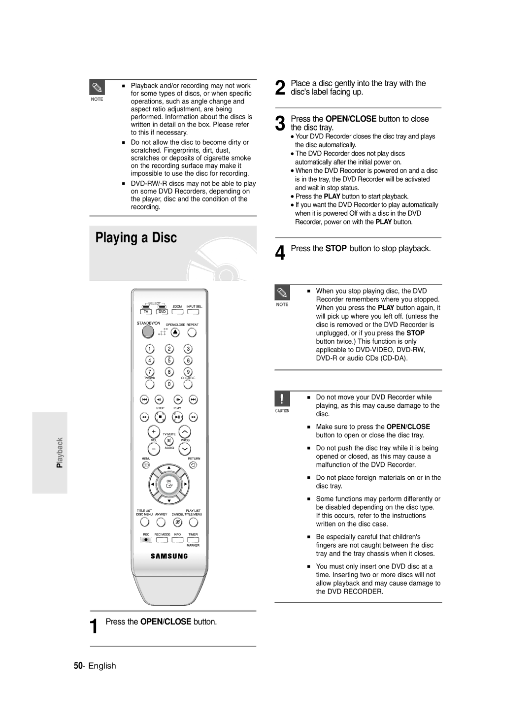 Samsung DVD-R129/EUR, DVD-R129/XEH Playing a Disc, Press the Stop button to stop playback, Press the OPEN/CLOSE button 