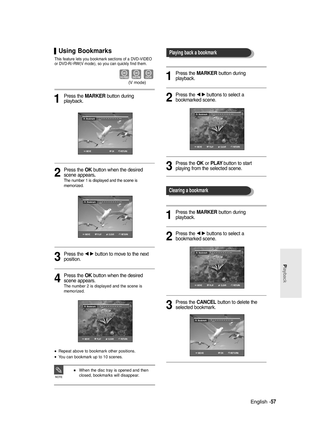 Samsung DVD-R129/XEH, DVD-R129/EUR manual Using Bookmarks, Playing back a bookmark, Clearing a bookmark 