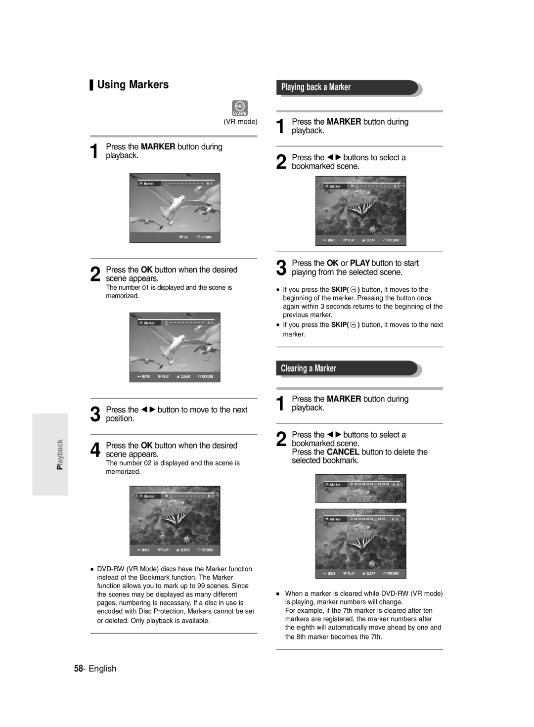 Samsung DVD-R129/EUR, DVD-R129/XEH manual Using Markers, Playing back a Marker, Clearing a Marker 