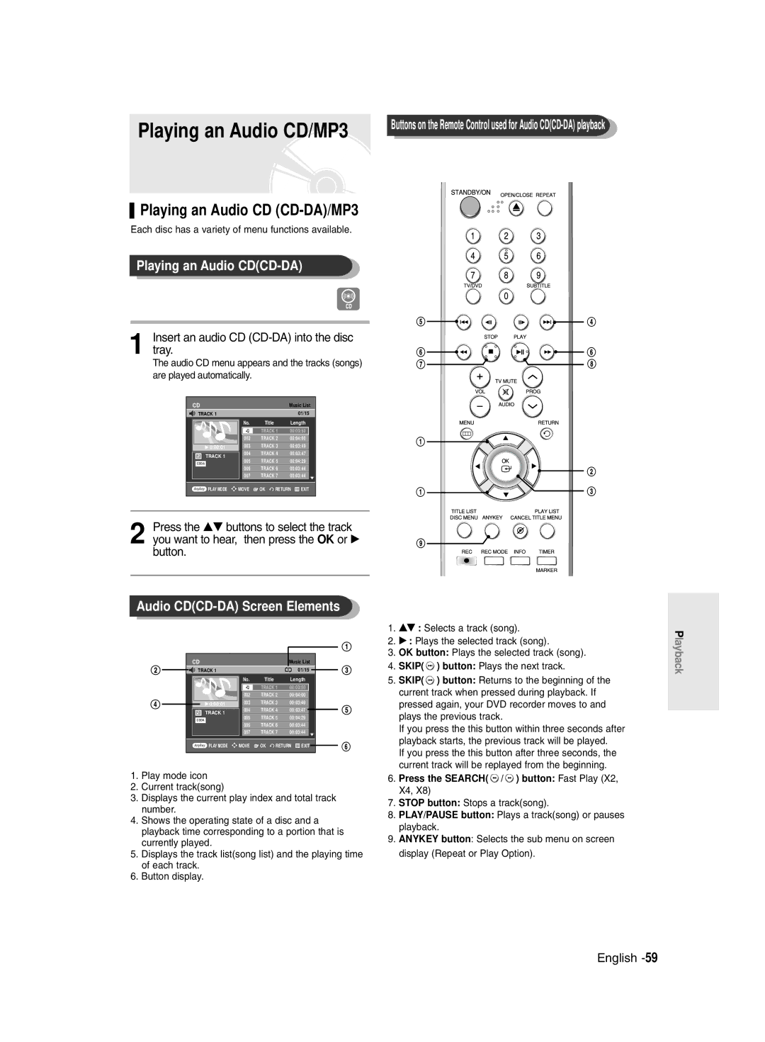 Samsung DVD-R129/XEH, DVD-R129/EUR manual Playing an Audio CD/MP3, Playing an Audio CD CD-DA/MP3, Playing an Audio CDCD-DA 