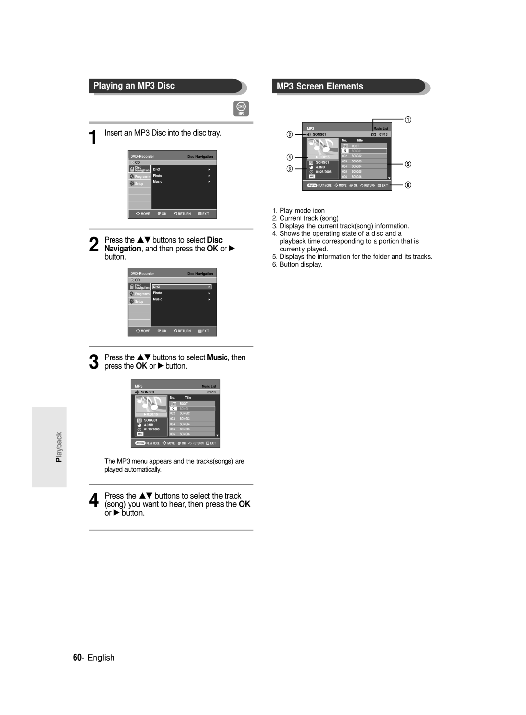 Samsung DVD-R129/EUR, DVD-R129/XEH manual Playing an MP3 Disc, Insert an MP3 Disc into the disc tray 