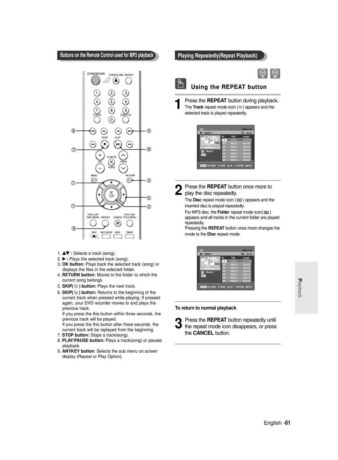 Samsung DVD-R129/XEH, DVD-R129/EUR manual Buttons on the Remote Control used for MP3 playback 