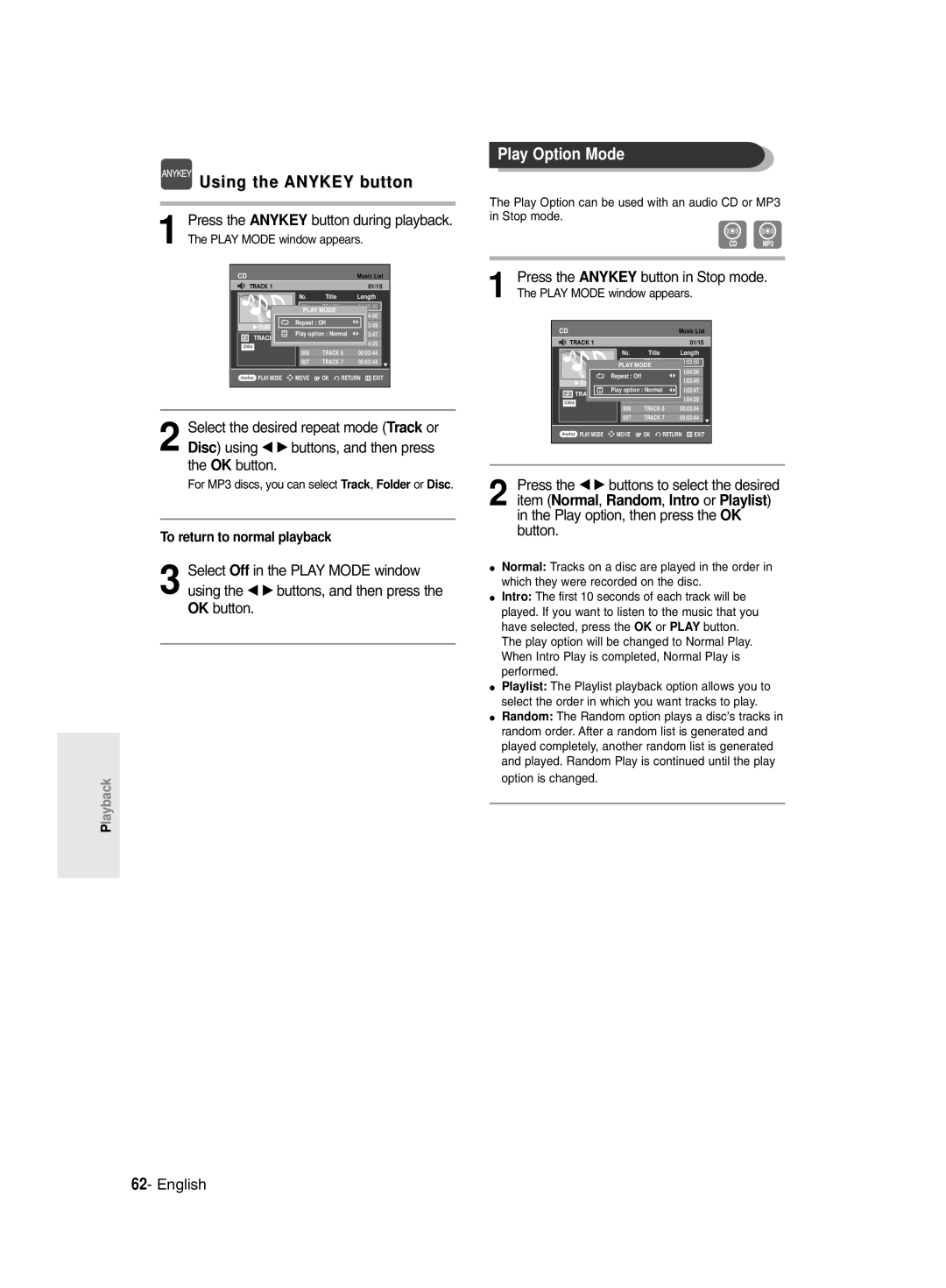 Samsung DVD-R129/EUR, DVD-R129/XEH manual Play Option Mode, For MP3 discs, you can select Track, Folder or Disc 