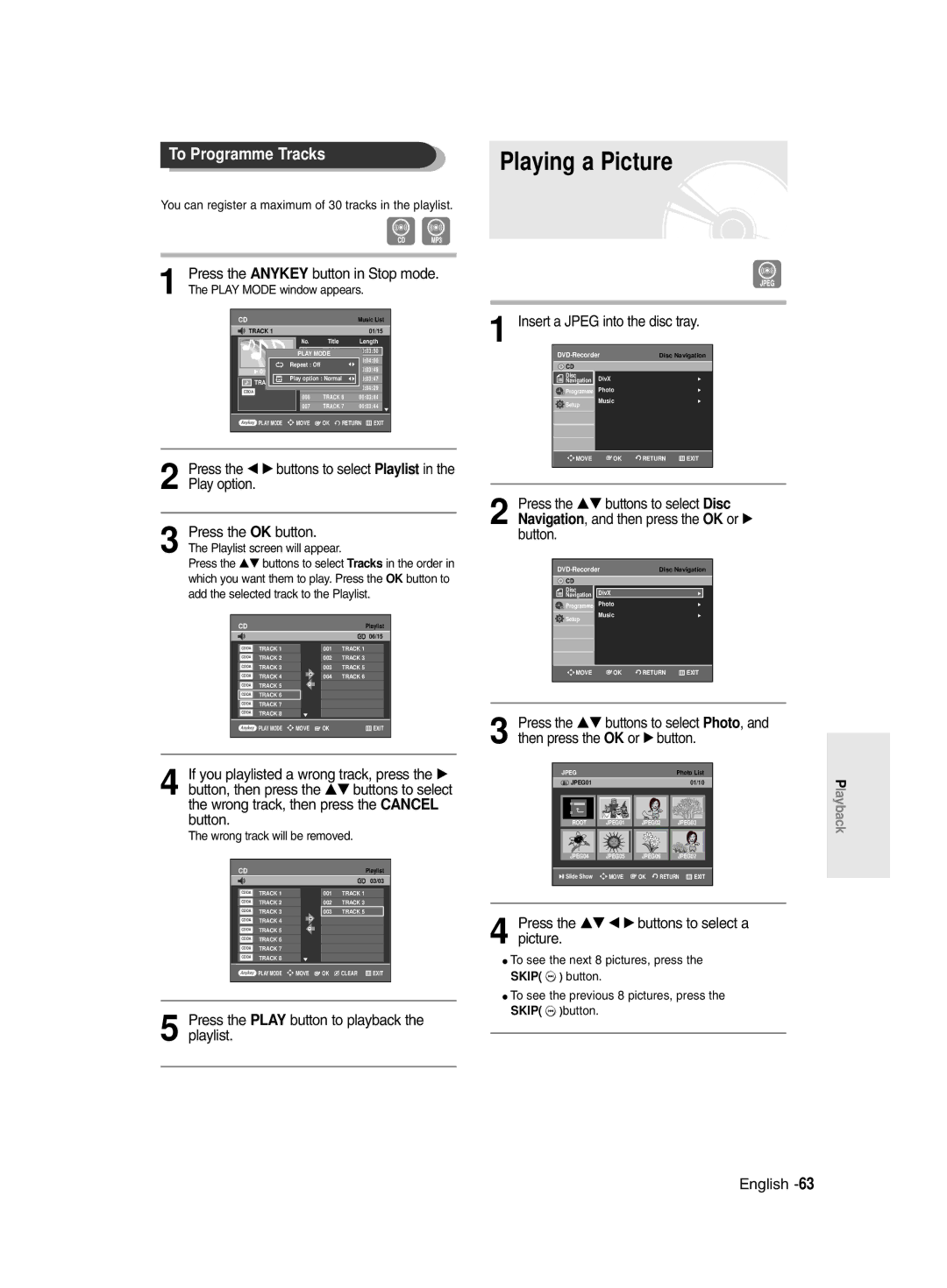 Samsung DVD-R129/XEH, DVD-R129/EUR manual Playing a Picture, To Programme Tracks 