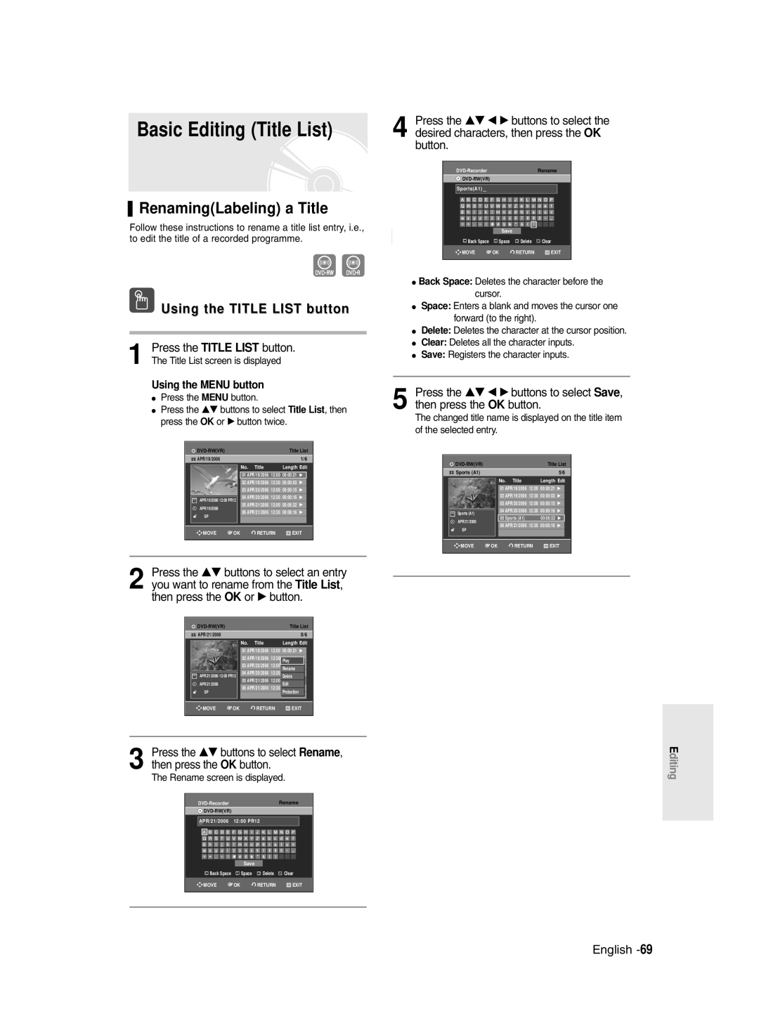 Samsung DVD-R129/XEH, DVD-R129/EUR manual Basic Editing Title List, RenamingLabeling a Title, Rename screen is displayed 