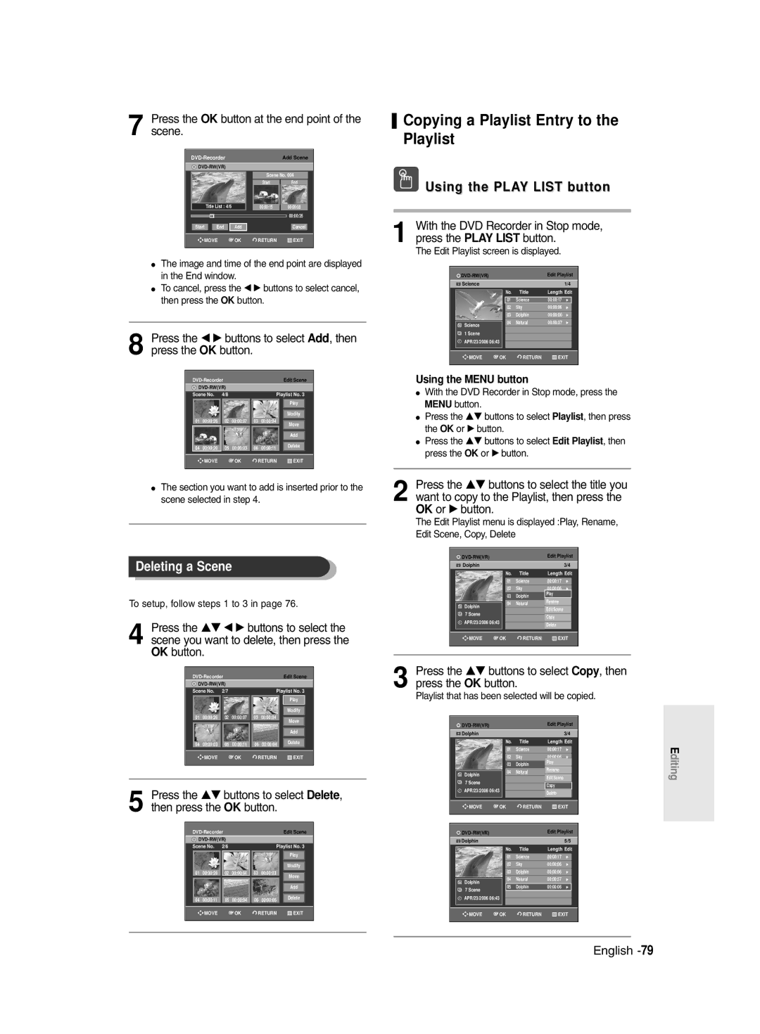 Samsung DVD-R129/XEH, DVD-R129/EUR manual Copying a Playlist Entry to the Playlist, Deleting a Scene 