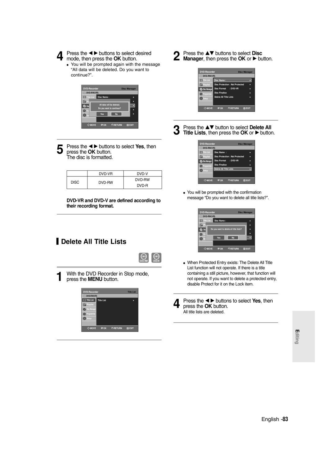 Samsung DVD-R129/XEH, DVD-R129/EUR manual Delete All Title Lists, All title lists are deleted 