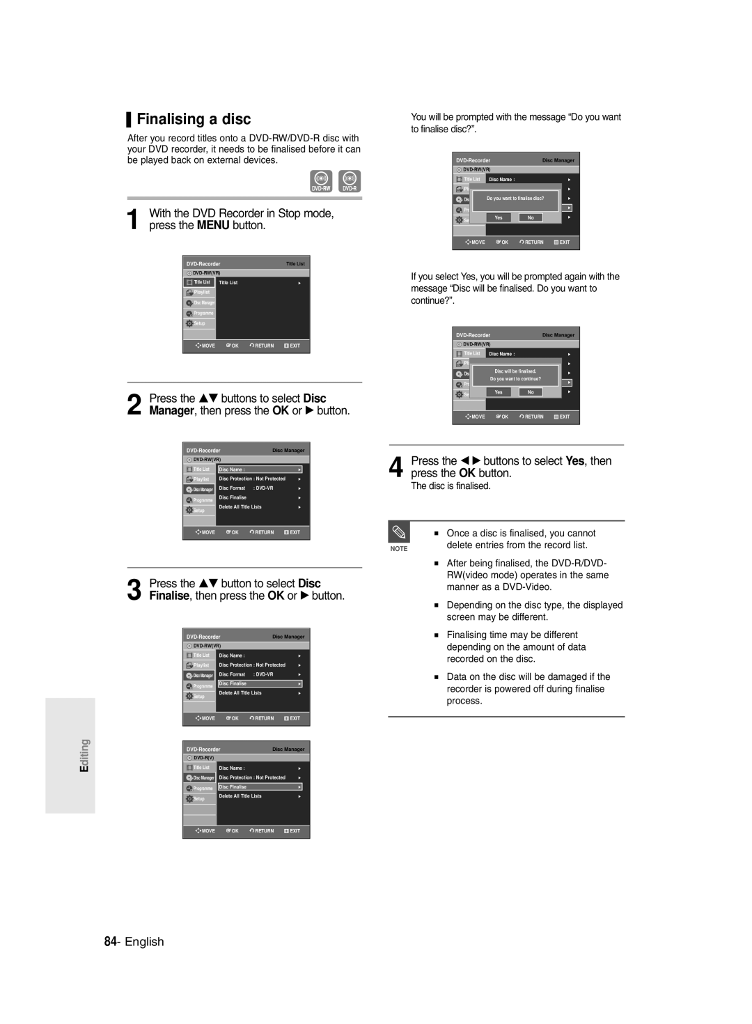 Samsung DVD-R129/EUR, DVD-R129/XEH manual Finalising a disc, Disc is finalised Once a disc is finalised, you cannot 