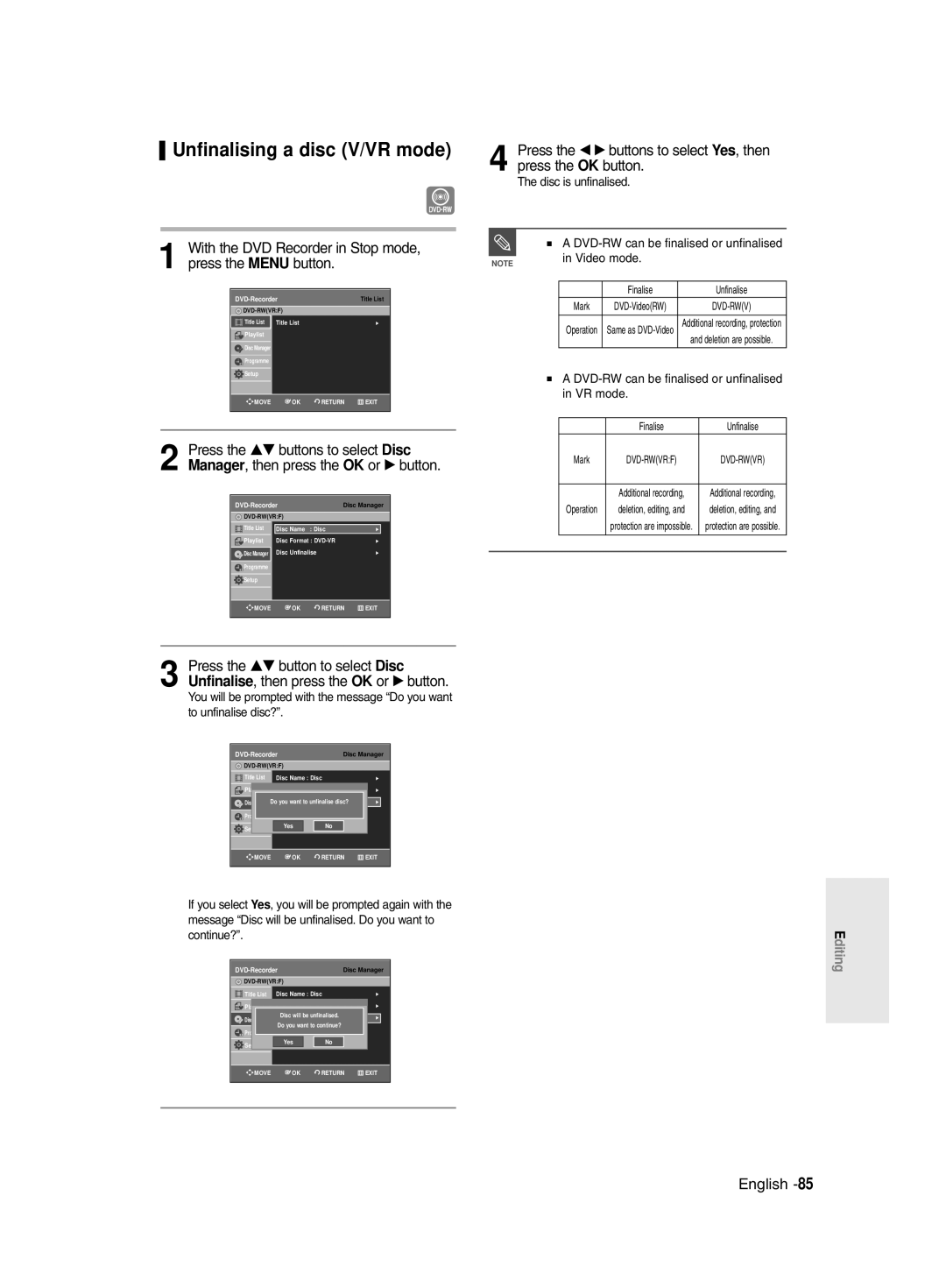 Samsung DVD-R129/XEH, DVD-R129/EUR manual Unfinalising a disc V/VR mode, DVD-RW can be finalised or unfinalised in VR mode 